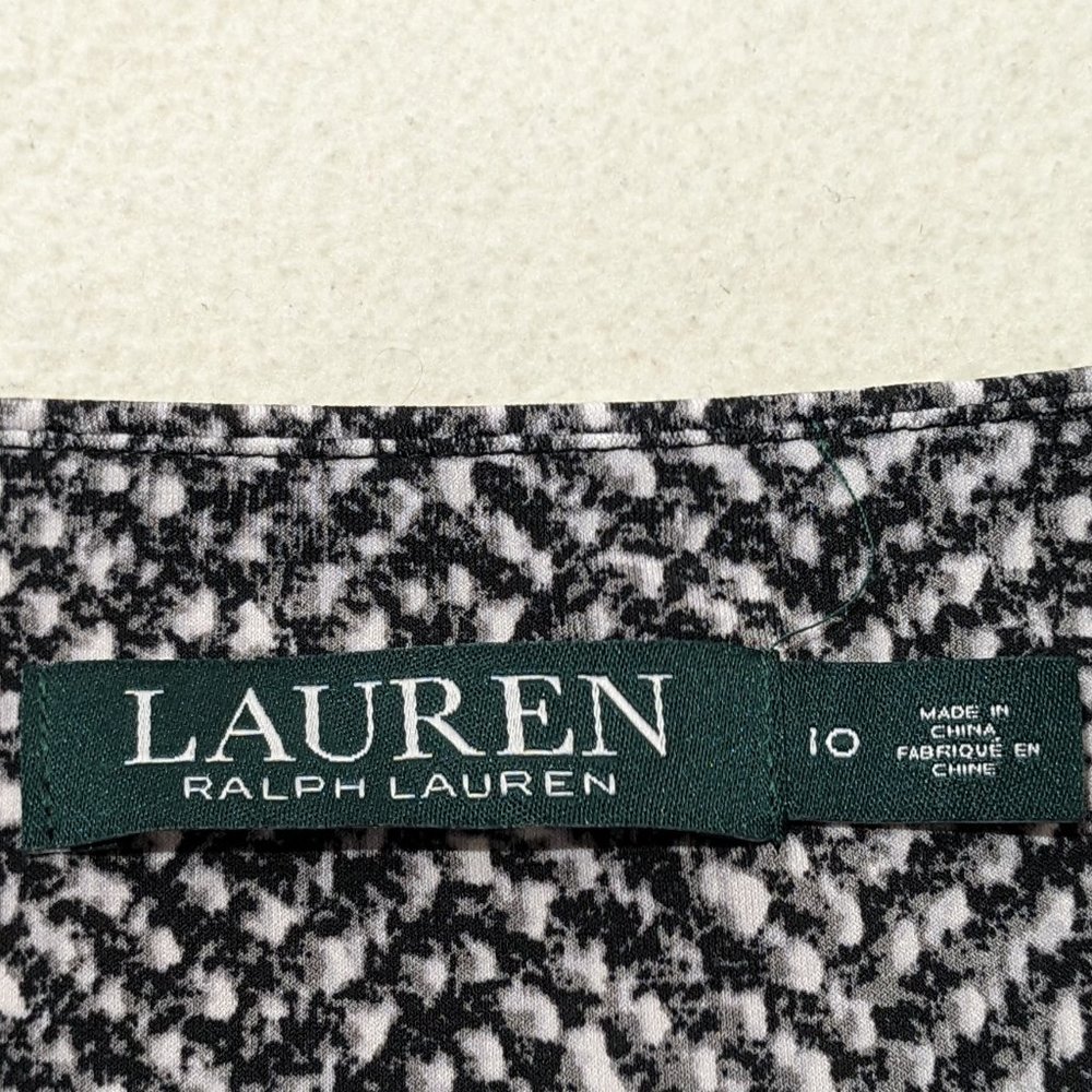 Lauren Ralph Lauren Ruched Dress 10 Black White Gray Wrap V Neckline 3/4 Sleeves - Picture 13 of 14